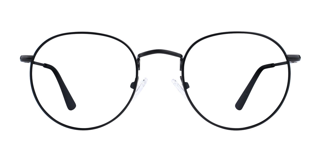 Front view of Saint prescription sunglasses showcasing thin black round frames and clear lenses on a white background