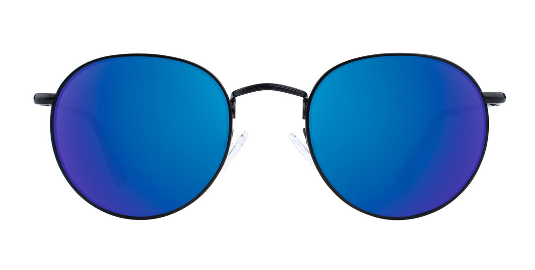Front close-up of Saint sunglasses showcasing blue mirrored round lenses, thin black metal aviator frame, and clear nose pads