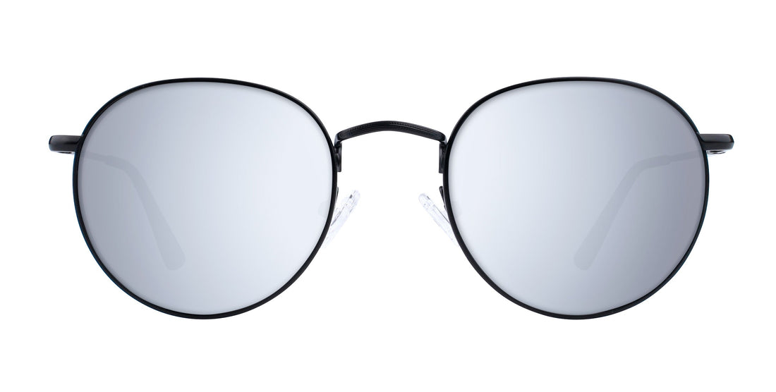 Front close-up of Saint prescription sunglasses with mirrored silver lenses, thin black frame