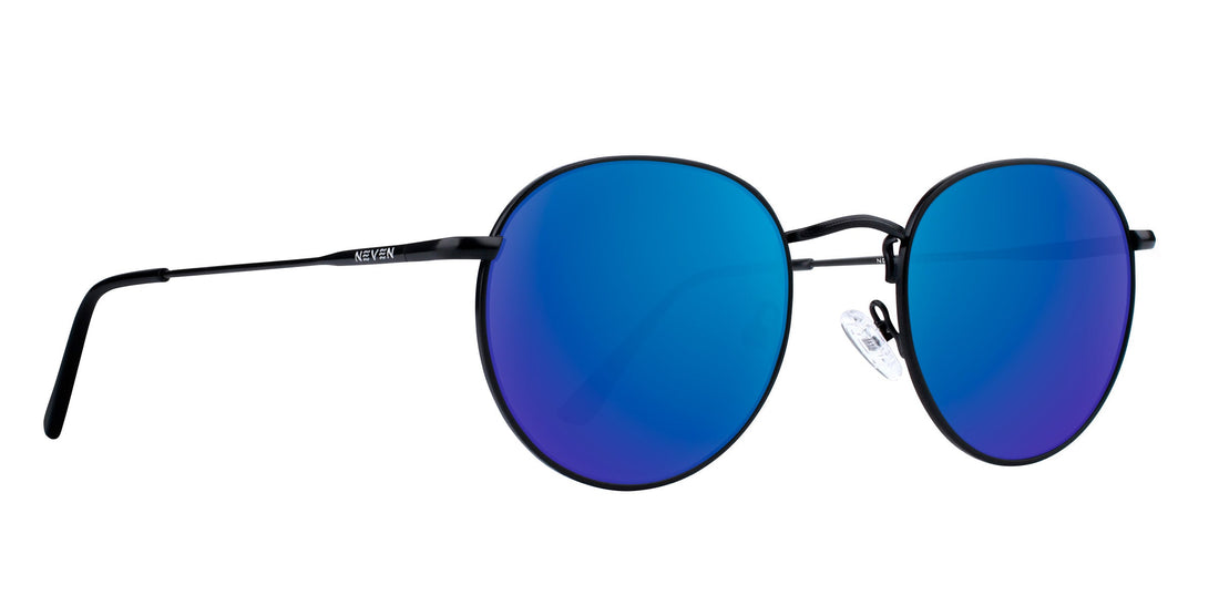 Close-up right view of Saint prescription aviator sunglasses with black metal frame and blue mirrored lenses