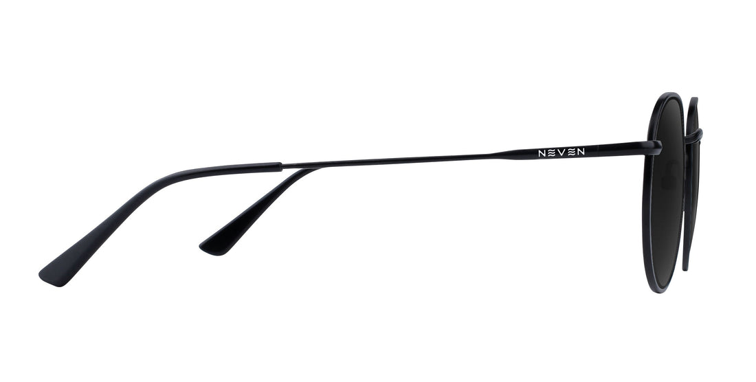 Side view of Saint prescription black aviator sunglasses showcasing thin metal temple with Neven logo on white background