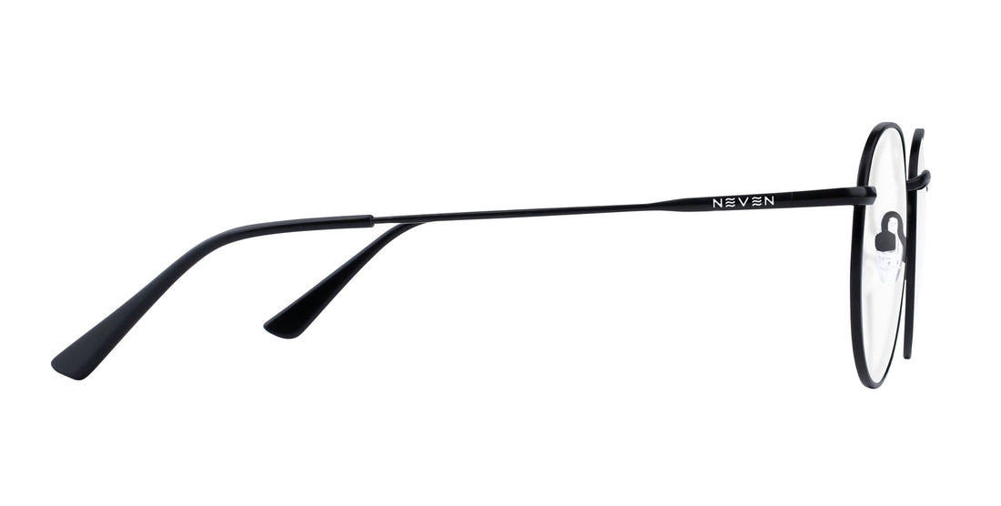 Side view of Saint prescription aviator glasses showing thin black temples, clear lenses and NEVEN logo on white