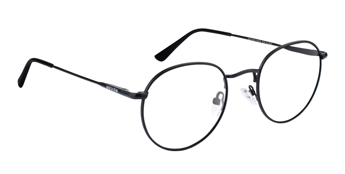 Close-up angled view of Saint prescription sunglasses showcasing thin black metal round frames and adjustable nose pads on a white background