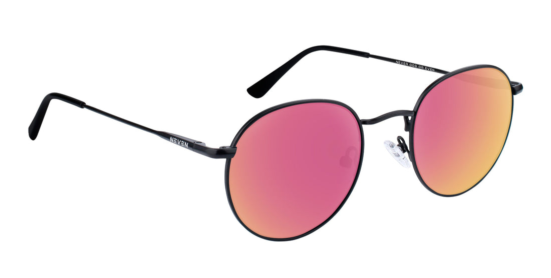 Angled view of Saint prescription sunglasses with pink gradient lenses and thin black aviator frames on white background
