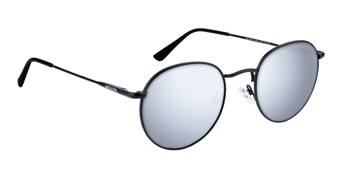 Close-up three-quarter view of Saint prescription sunglasses showcasing thin black metal frame and mirrored silver lenses on white background