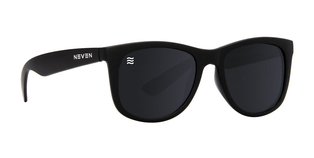 Front three-quarter view of Classic polarized sunglasses showcasing black wayfarer frames and dark lenses on a white background