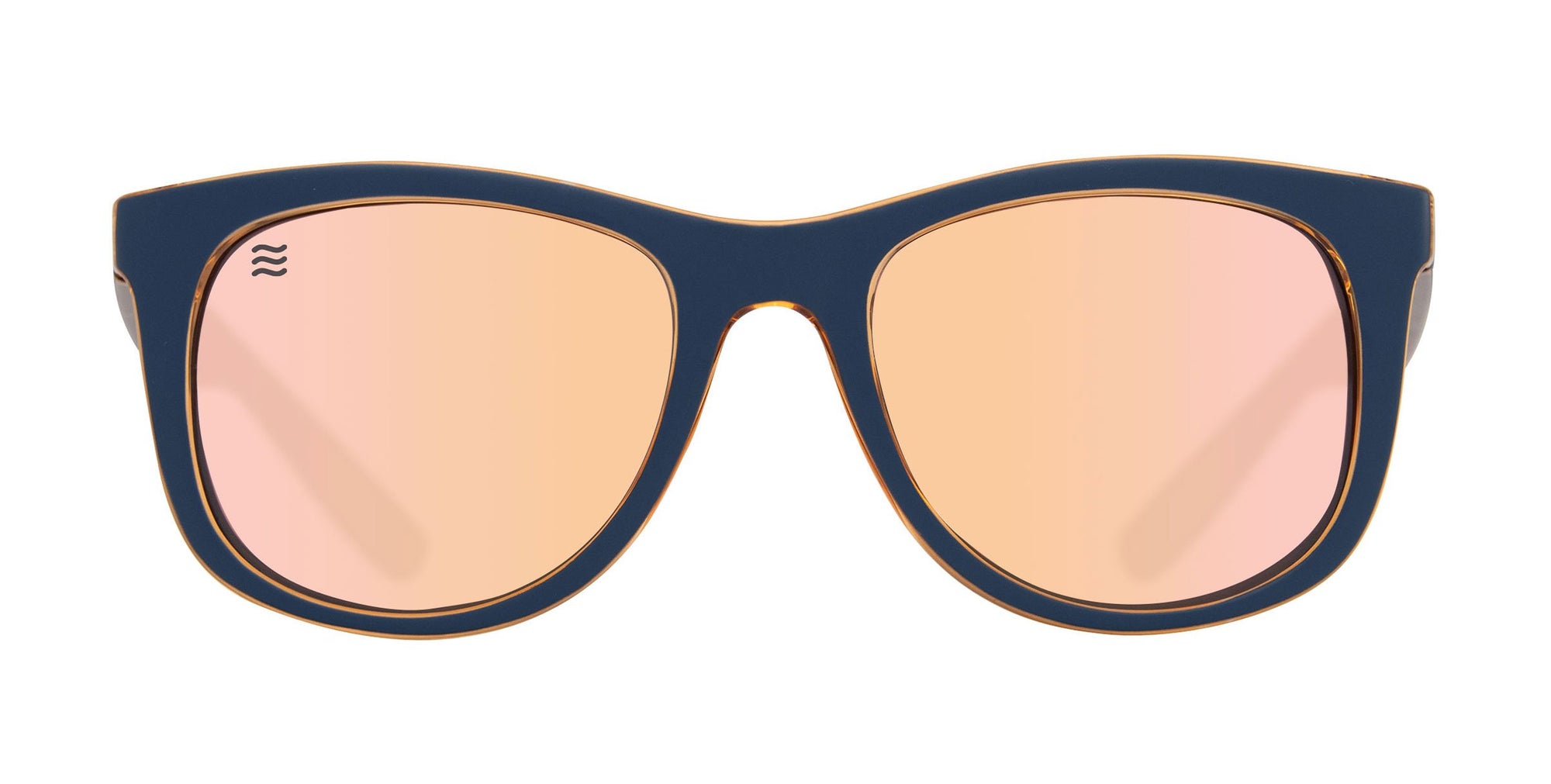Navy blue cat-eye sunglasses with rose gold lenses.