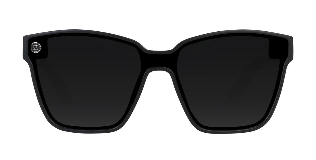 Front view of Atlantis polarized sunglasses showcasing black frames and dark lenses on a white background