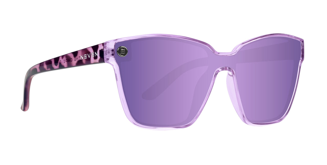 Front three-quarter view of Spirit polarized sunglasses showcasing purple lenses and patterned temples with a white background