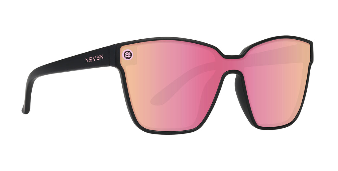 Front close-up of Endeavour polarized sunglasses showing matte black frame, pink mirrored lenses, and Neven logo on white background