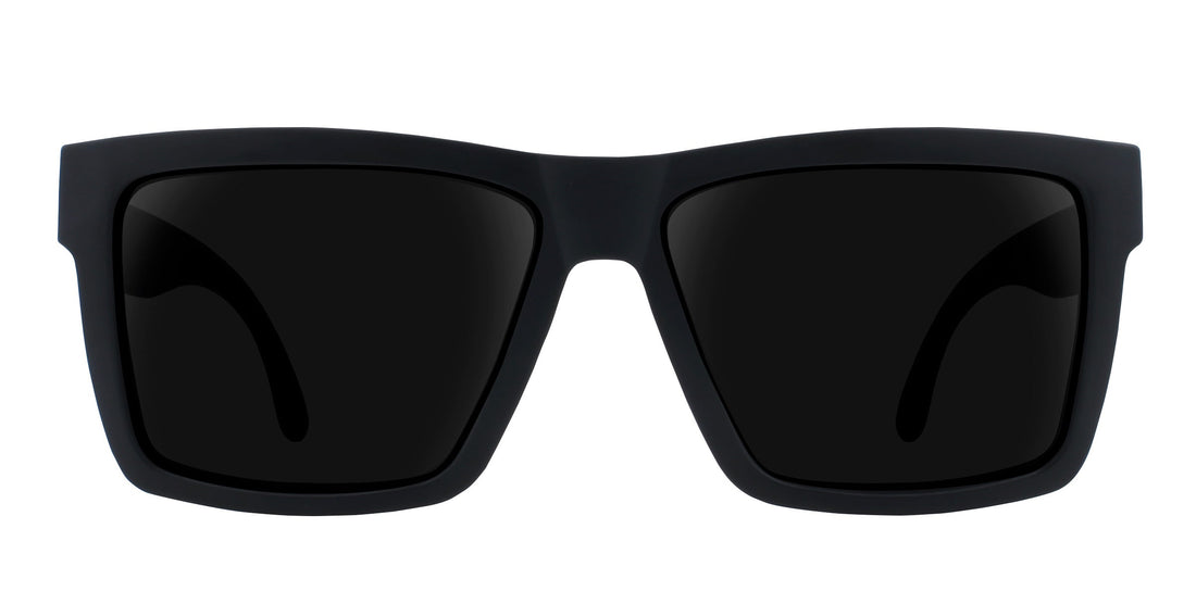 Front close-up of Lowrider prescription sunglasses showcasing matte black square frame and dark lenses on white background