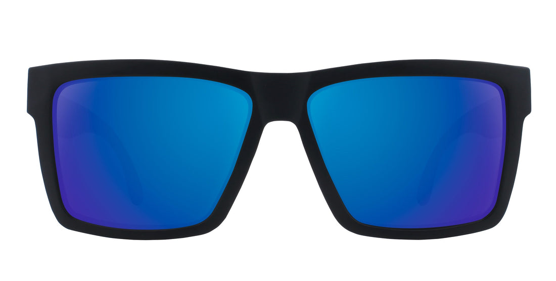 Front view of Lowrider sunglasses showcasing black rectangular frame with blue mirrored lenses on white background