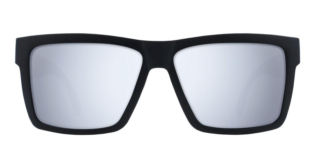 Front close-up of Lowrider rectangular sunglasses showing thick black frame and mirrored silver lenses on white background