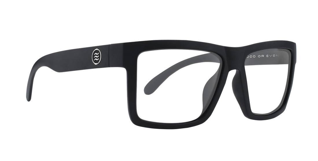 Black Lowrider glasses with a rectangular frame an clear lenses.