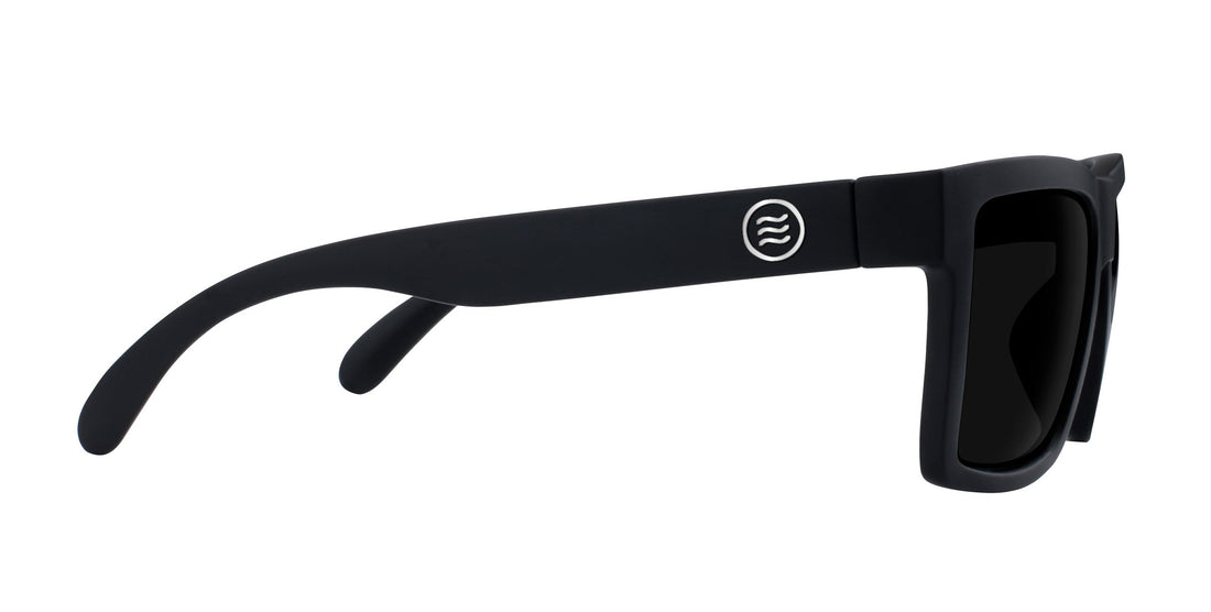 Side view of Lowrider sunglasses showing matte black rectangular frame, dark lenses, and Neven logo against white background