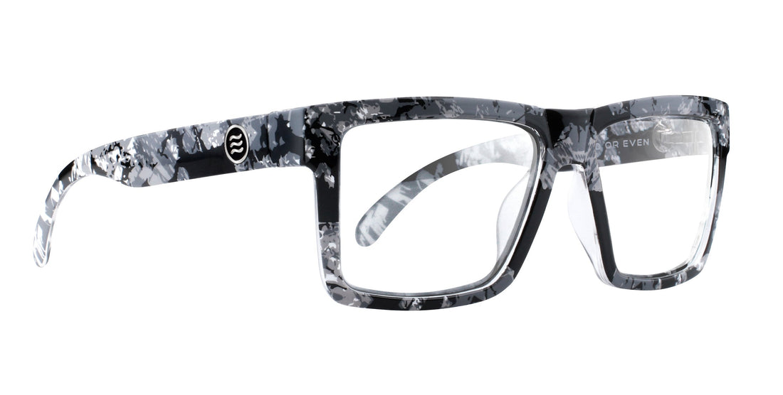 Black and white camo rectangular sunglasses from the South Shore collection with clear lenses.