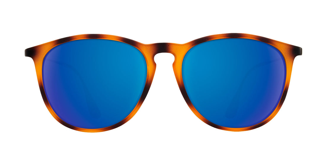Front view of Bowie prescription sunglasses showcasing a tortoise frame and blue lenses on a white background