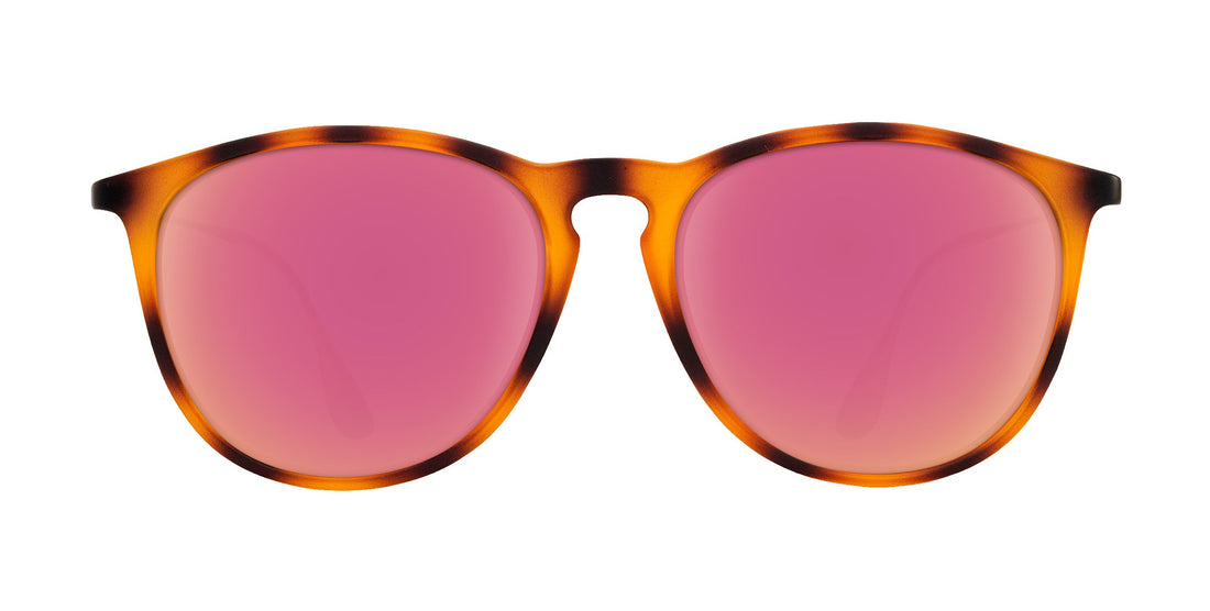Front view of Bowie prescription sunglasses showcasing a tortoise frame and rose-pink lenses on a white background