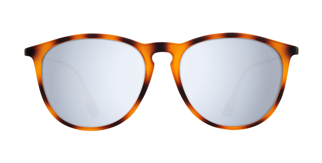 Front close-up of Bowie sunglasses showcasing tortoise frame and silver prescription lenses on white background