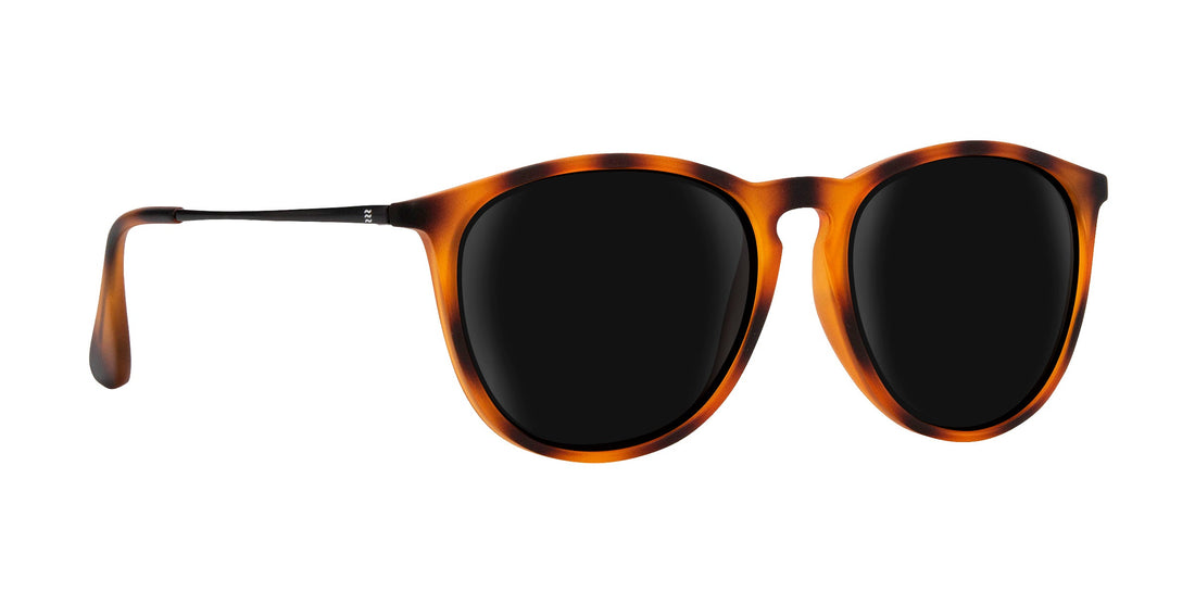 Right-front view of Bowie Rx sunglasses showing tortoise TR90 frame and polarized UV400 lenses on white background