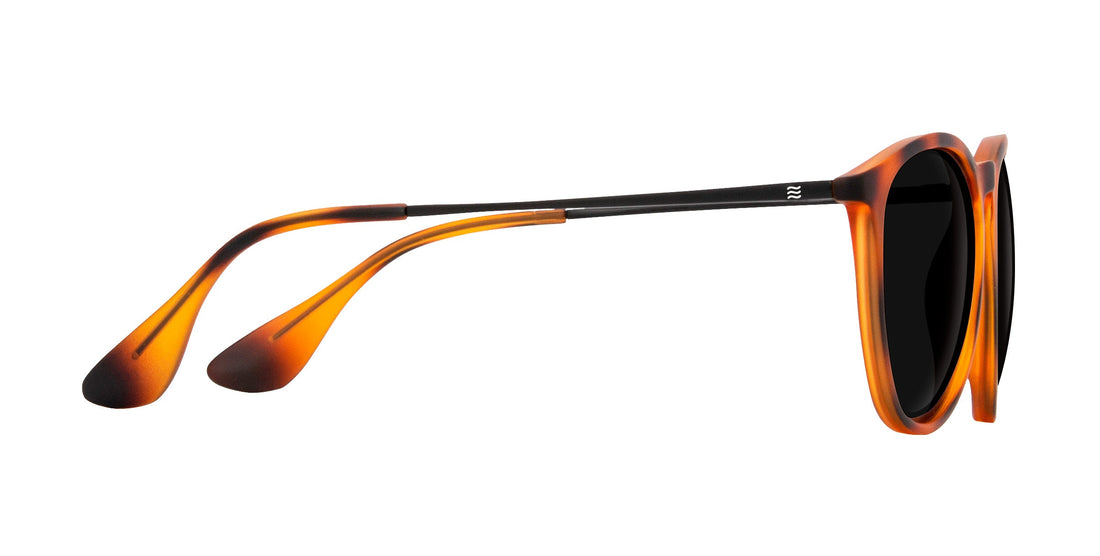Side view of Bowie sunglasses with tortoise frame, thin black temples and tortoise acetate tips, polarized lenses on white