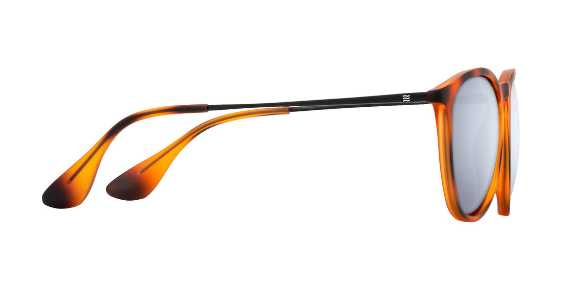 Side view of Bowie sunglasses showcasing tortoise frame, slim black temples and tortoise temple tips on white background