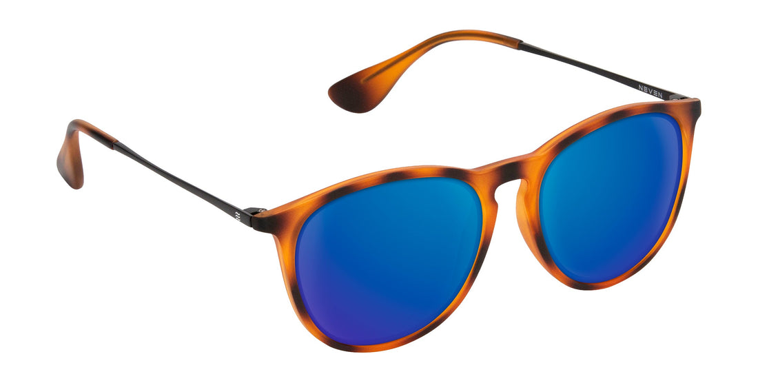 Three-quarter view of Bowie prescription sunglasses showcasing a tortoise frame and blue lenses on a white background
