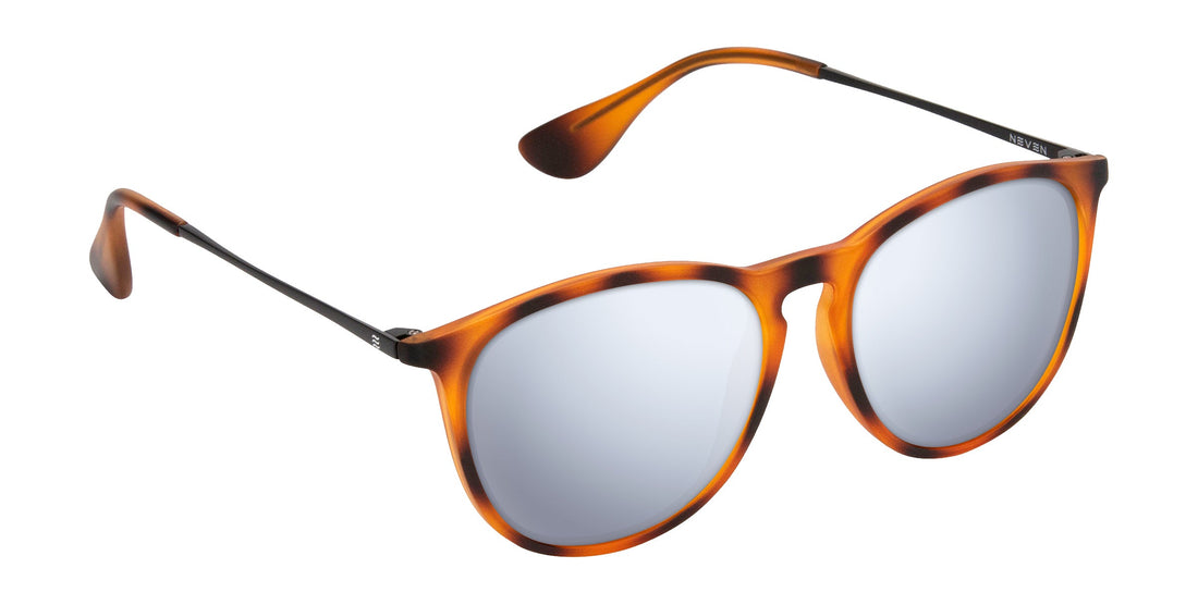 Three-quarter view of Bowie tortoise-frame sunglasses showcasing prescription mirrored lenses and thin black temples on a white background