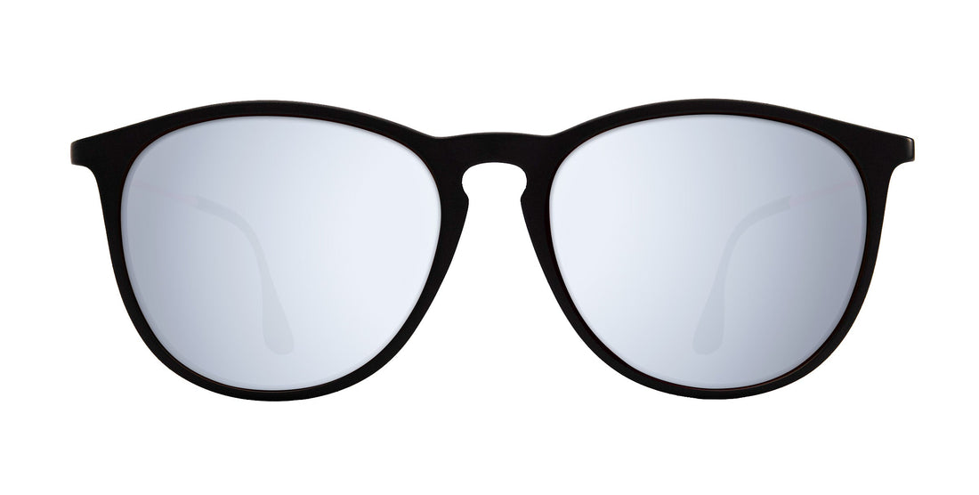 Front view of Quinn prescription sunglasses showcasing a black round TR90 frame and pale silver lenses on a white background