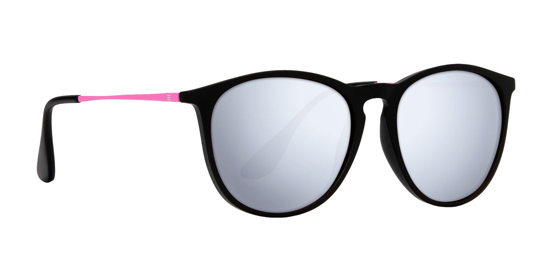 Angled close-up of Quinn prescription sunglasses showing matte black round frame, mirrored lenses and pink temples on white background