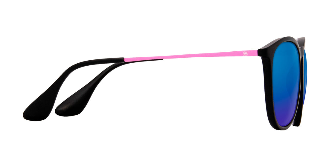 Side view of Quinn sunglasses showcasing black frame, matte pink temple arm, and blue mirrored lenses on white background