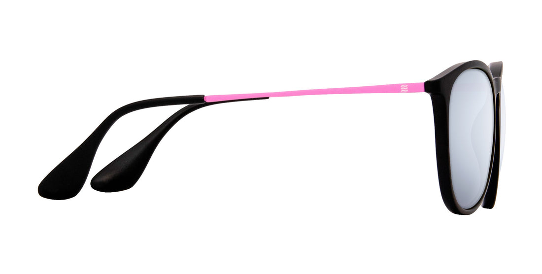 Right-side view of Quinn sunglasses showing black TR90 frame with matte pink stainless steel temple and mirrored prescription lens on white background