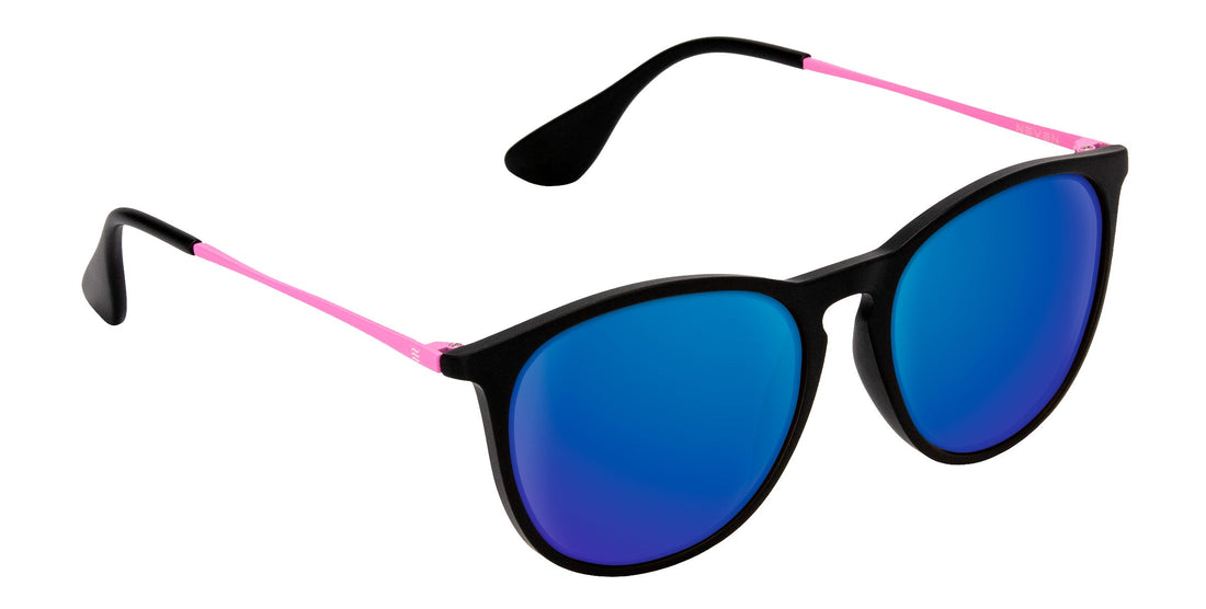 Angled close-up of Quinn sunglasses showcasing black round frame, pink metal temples and blue mirrored lenses on white background