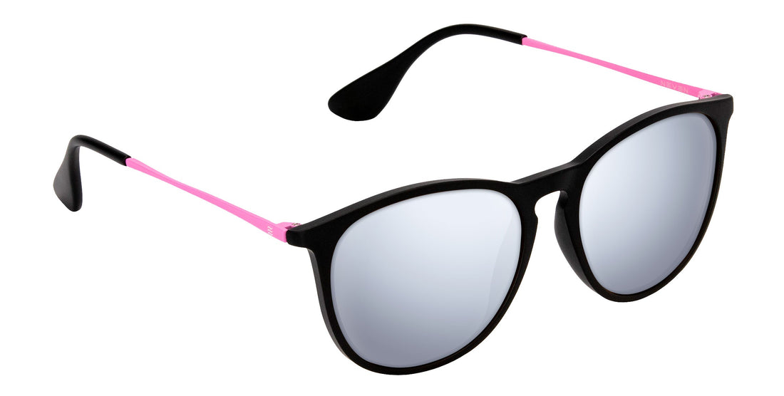 Angled close-up of Quinn prescription sunglasses showing black matte frame, pink temples, and mirrored lenses on white